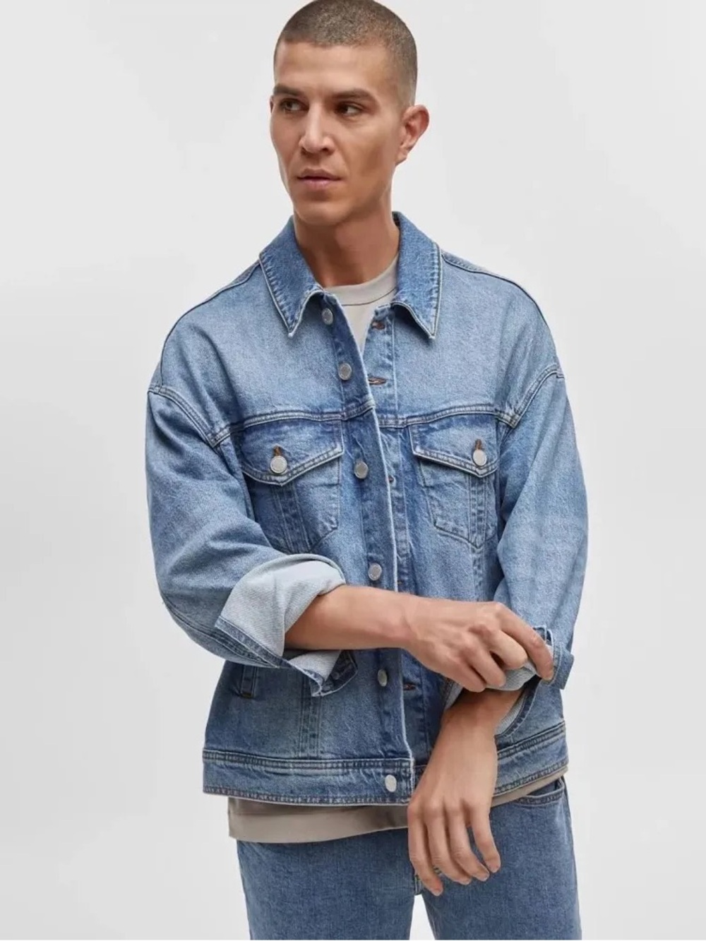 Mode of One Denim Jacket Mens Large Blue Trucker Oversized Relaxed Fit 90s Style